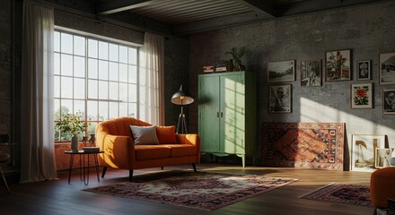 Sunny Loft Living Room with Orange Sofa and Vintage Rugs