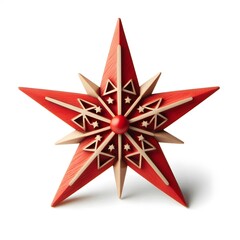 Obraz premium A beautiful wooden Christmas star in red decoration isolated on a white background 