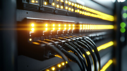 Naklejka premium Server rack with fiber optic cables attached to panel switch ports. Electric cables and wires representing fiber optic internet equipment for a data center