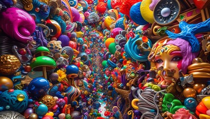 Obraz premium Vibrant Colorful 3D Render of a Surreal and Whimsical World Filled with Intricate Details and Fantasy Elements