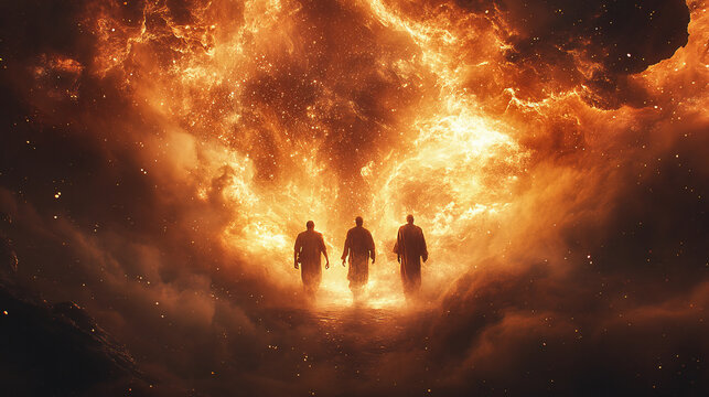 Shadrach, Meshach, and Abednego in the fiery furnace, depicted within a swirling nebula, highlighting their faith amidst trials, with copy space