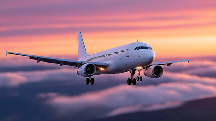 Airplane soaring across dramatic sunset horizon, symbolizing travel and freedom, sunset sky, airplane in flight, commercial jet, evening clouds, global travel, golden hour aviation, sky journey, wan


