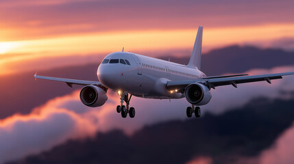Obraz premium Majestic airplane flying through vibrant sunset clouds with golden light reflections,sunset sky, airplane in flight, commercial jet, evening clouds, global travel, golden hour aviation, sky journey,