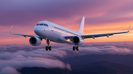 Obraz premium Commercial jet mid-flight against a breathtaking orange and purple evening sky,sunset sky, airplane in flight, commercial jet, evening clouds, global travel, golden hour aviation, sky journey, wande