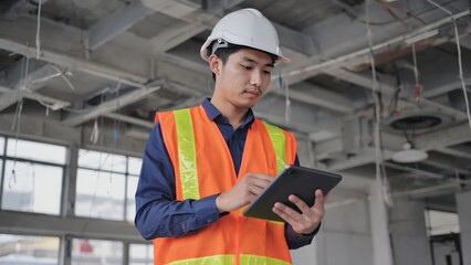 Asian construction foreman in hard hat and safety vest holding tablet