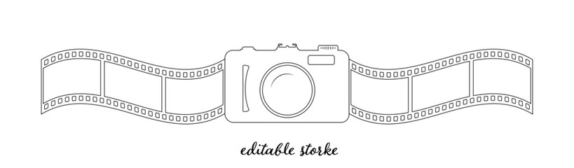 Editable line art photo camera outline icon with 6 frames fim reel vector design. Analog retro camera to use for photography, photo frame, cinema, photography competition projects.
