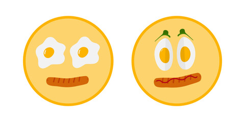 Hand Drawn Fried and Yard boiled Eggs with sausages on Circle Plate Cute Food Emoticons Egg Day Set