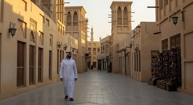 Man in traditional Emirati dress walks through the historic Al Fahidi neighborhood in Dubai, United Arab Emirates with architecture