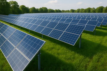 Solar panels on a green field under blue sky showing clean and renewable energy