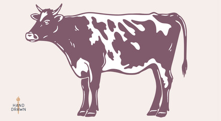 Cow, bull, beef. Hand drawn vintage retro print, black white cow, bull, beef sketch ink pencil drawing, engrave old school. Sketch artwork silhouette cow. Side view profile bull. Vector Illustration