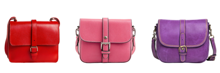 Set of red color, purple color and pink color leather shoulder bag isolated on a transparent background