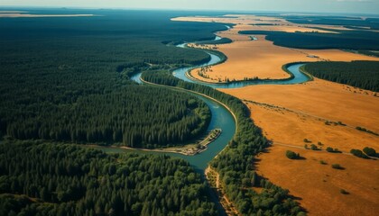 Aerial View of a Winding River Through Lush Green Forest and Golden Fields