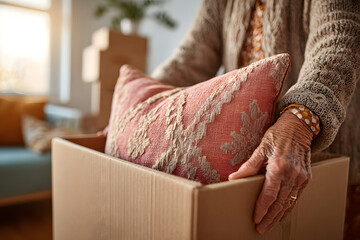 Fototapeta premium Elderly woman organizing home, placing decorative pillow in cardboard box, light minimalist interior, peaceful domestic moment