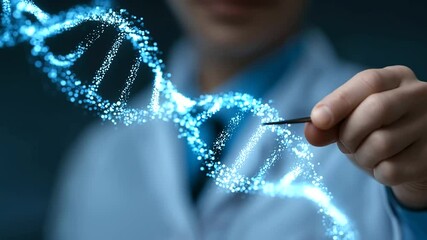 A doctor utilizes AI technology to analyze a digital DNA model in a research setting. - Powered by Adobe