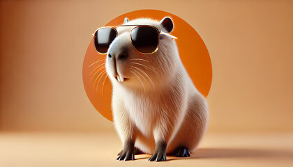 Happy cool capybara with sunglasses on orange colour background with copy space. Cute Fun night party animal creative concept. Generative AI.