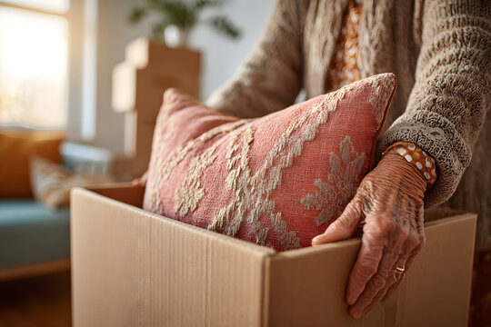 Elderly woman organizing home, placing decorative pillow in cardboard box, light minimalist interior, peaceful domestic moment