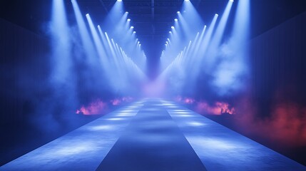 Fashion runway stage with blue lighting and smoke effects presentation or event backdrop design template