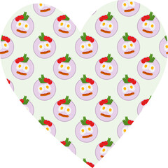 Food Emoticon Fried Eggs sausage Tomatoes slices and Salad leaves Pattern on Heart Shape Background