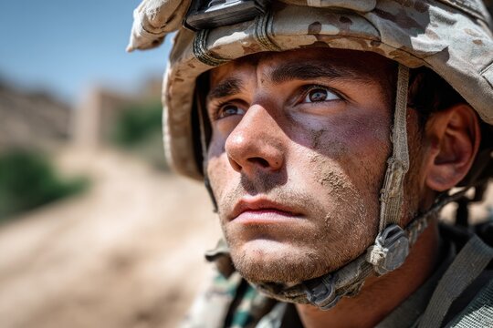 close-up of a soldier face covered in dirt and sweat, his expression serious and focused