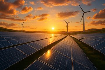 Wind turbine and solar power station under sunset sky, showing clean energy and nature