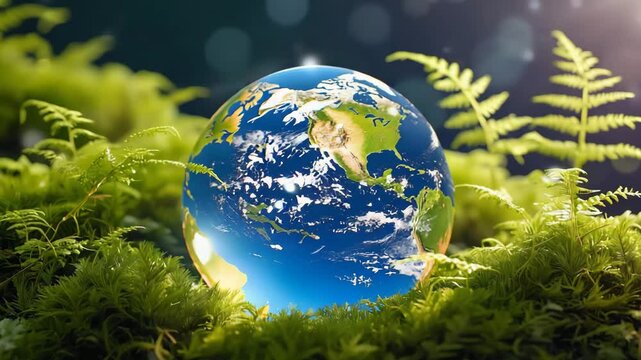 Glass Earth globe amidst green moss and ferns in bright light.