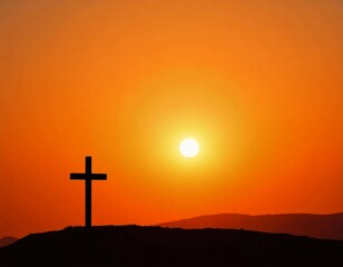 A stunning silhouette of a cross stands tall against a brilliant sunset, casting a warm glow over rolling hills. The scene evokes feelings of tranquility and spiritual reflection Generative AI