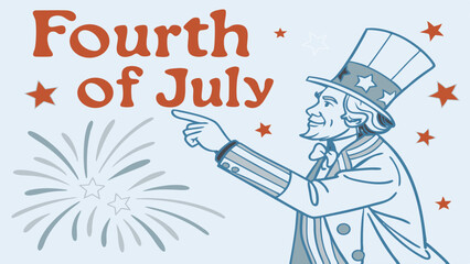 Retro Uncle Sam Vector Poster with 4th of July Text, Fireworks, and Stars
