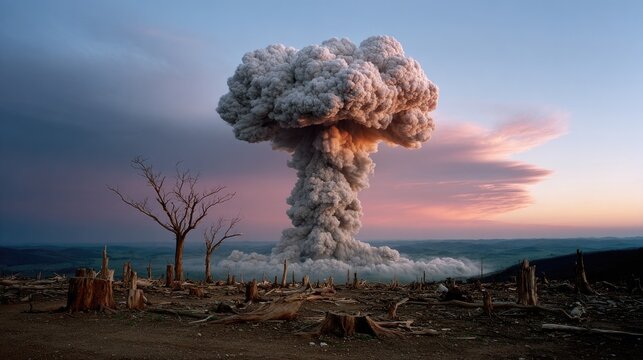 A towering mushroom cloud dominates the horizon