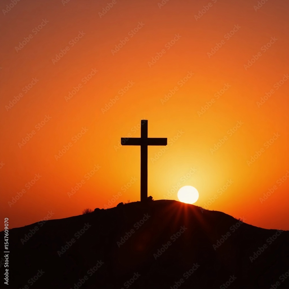 Poster a stunning silhouette of a cross stands against a vibrant sunset, casting shadows over the tranquil 