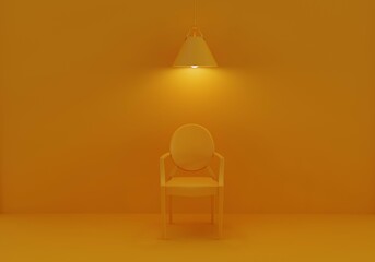 Empty Yellow chair on Yellow background with lamp and copy space. Spotlight Leadership Success Business concept. Minimal Elegant 3d render.