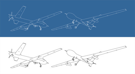 Fototapeta premium UAV Drones blueprint technical line drawing Isometric view set . Unmanned Military Drone isolated on blue and transparent background