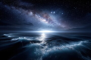 Naklejka premium Night view of the ocean under a starry sky with a glowing horizon