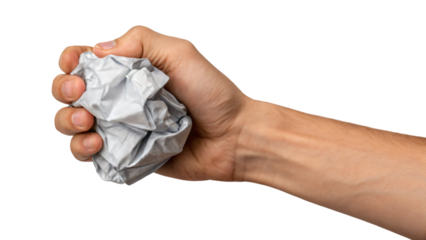 Crumpled paper in hand, isolated on white, ready for recycling or disposal as waste