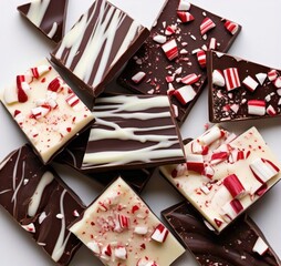 A close up of assorted chocolate squares with white chocolate and candy cane pieces scattered around them