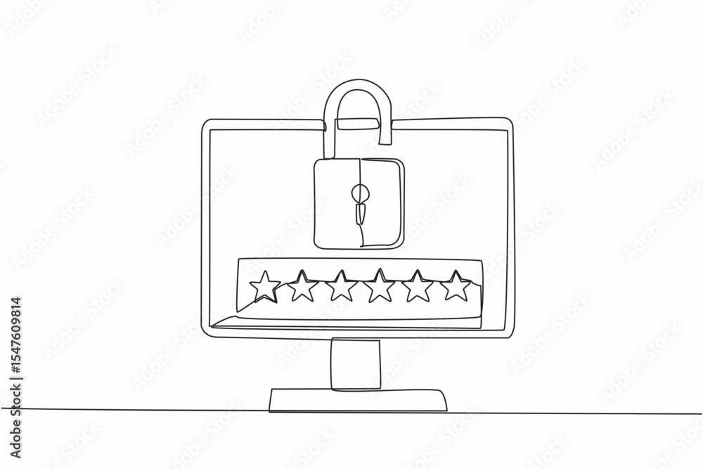 Poster single continuous line drawing monitor with open padlock on screen. a unique combination of 6 charac