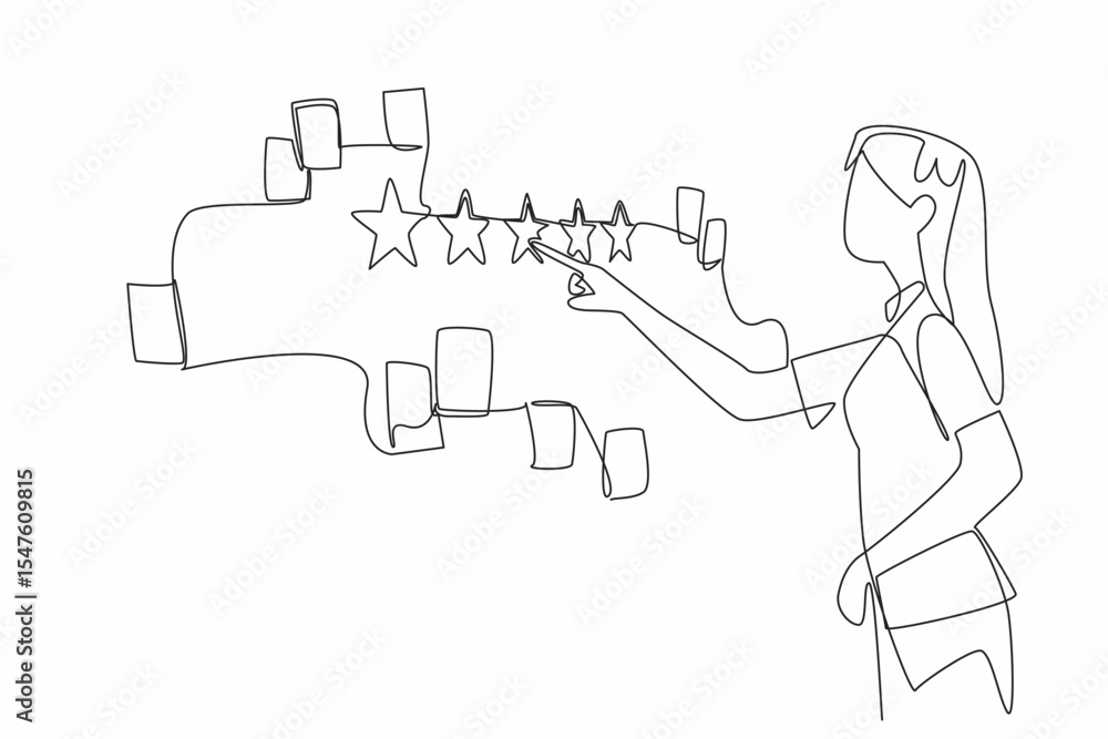 Poster single continuous line drawing woman points to a wall with lots of paper notes scattered around it. 