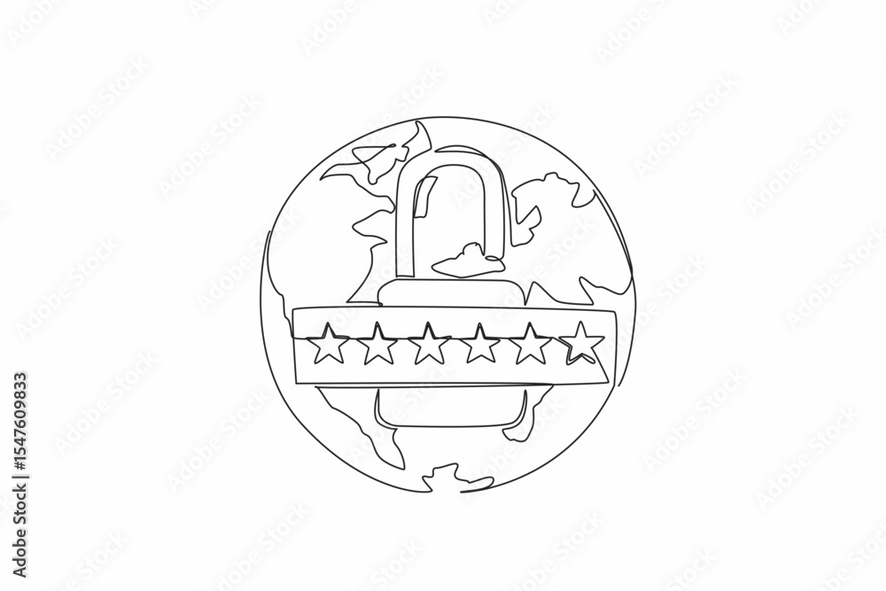 Aufkleber single one line drawing globe with an open padlock in the middle. use a unique combination of letter