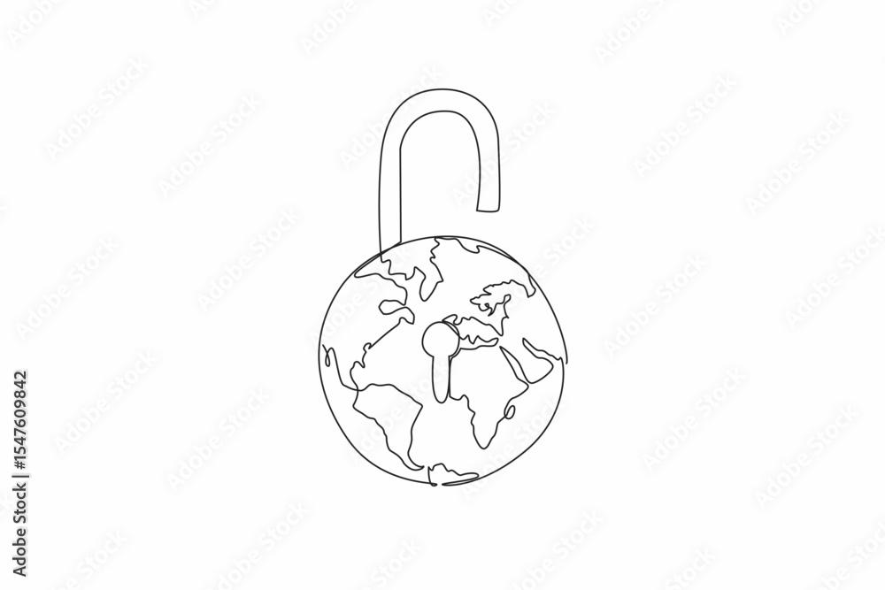 Poster continuous one line drawing globe made into an open padlock with a keyhole in the middle. added pass