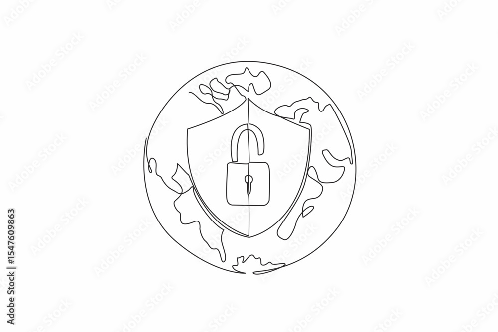 Poster single continuous line drawing globe with shield and open padlock in middle. two safe stages to expl