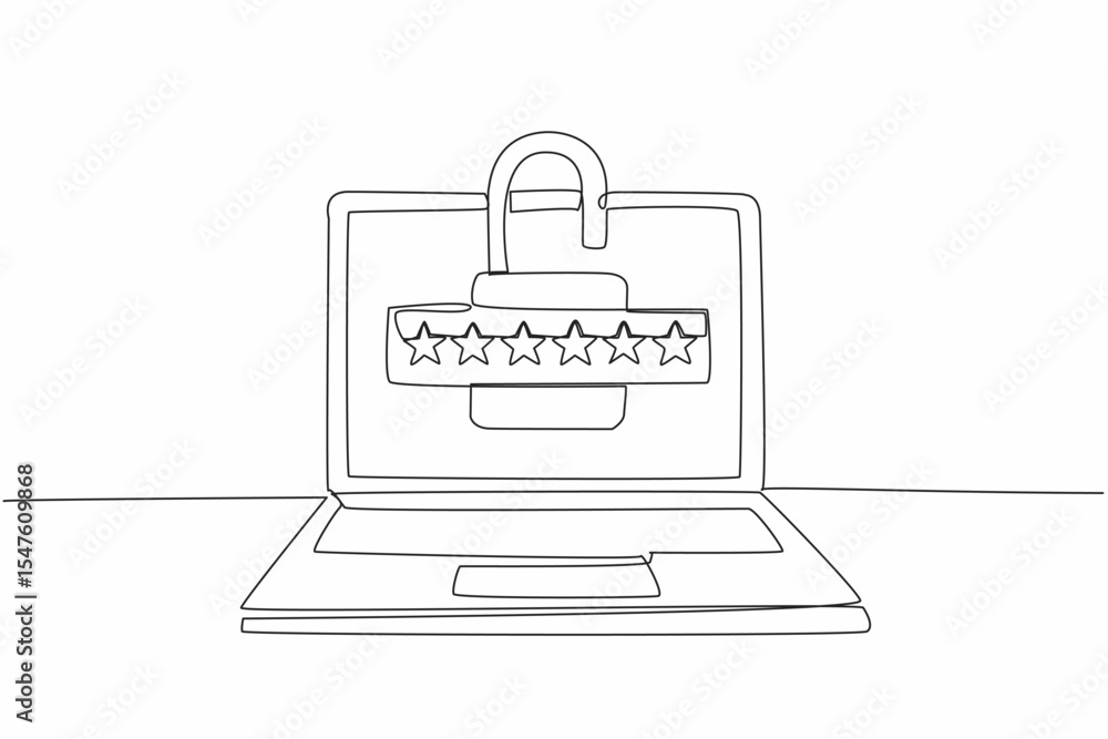 Poster continuous one line drawing laptop with open padlock logo in the middle of screen. good information 
