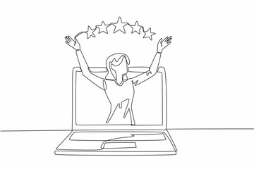 Continuous one line drawing a woman raised her hands and above them were 5 stars. Satisfactory grades make reputation rise. Excellent. Write a Review Day. Single line draw design vector illustration
