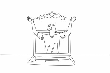 Single continuous line drawing man raised hands and above them were 5 stars. Increase credibility. Very satisfying. Captivating performance. Write a Review Day. One line design vector illustration