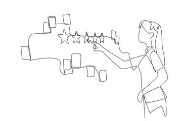 Single continuous line drawing woman points to a wall with lots of paper notes scattered around it. A symbolism gives a good review. Excellent. Write a Review Day. One line design vector illustration
