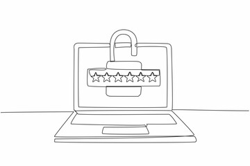 Continuous one line drawing laptop with open padlock logo in the middle of screen. Good information security management. Need password. World Password Day. Single line draw design vector illustration