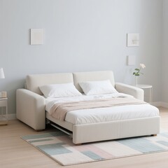 Modern Minimalist White Sofa Bed with Light Bedding and Pastel Rug in Bright Living Room