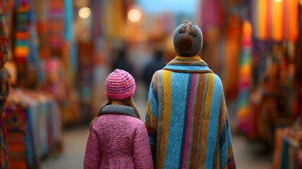 Mother daughter cultural vacation shopping vibrant local market handmade craft colorful fabric authentic travel experience immersive street scene human eye view ethnic market background cut out