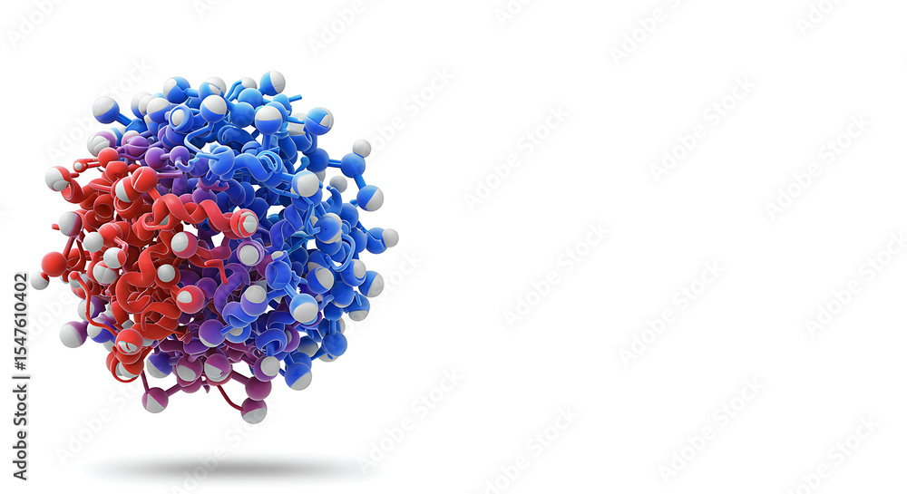Poster a 3d rendering of a complex spherical molecule with interconnected red and blue atoms, isolated on a