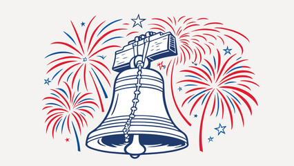 Liberty Bell Vector with Fireworks Background in Patriotic Red, White, and Blue Colors © VectorCraft Original