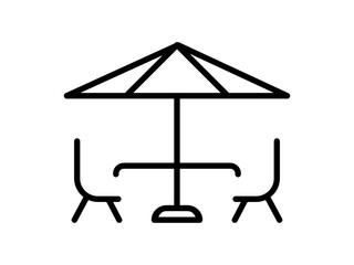Terrace line icon. Two chairs, table, umbrella. Vacation cafe concept. Tourism travel idea. Tropical destination. Restaurant at the beach sign. Leisure and relaxation. Outline. Vector illustration. 