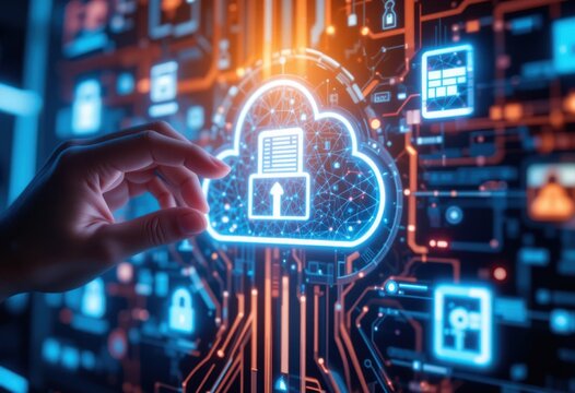 Manos arrastrando y soltando documentos digitales cifrados en el almacenamiento en la nube, fondo de interfaz futurista iluminado con neón